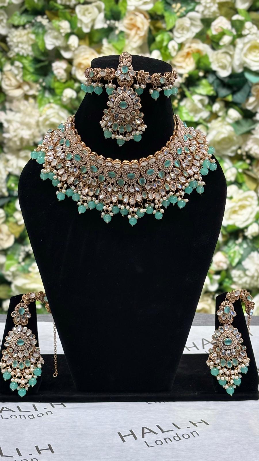 Sea green kundan style jewellery set